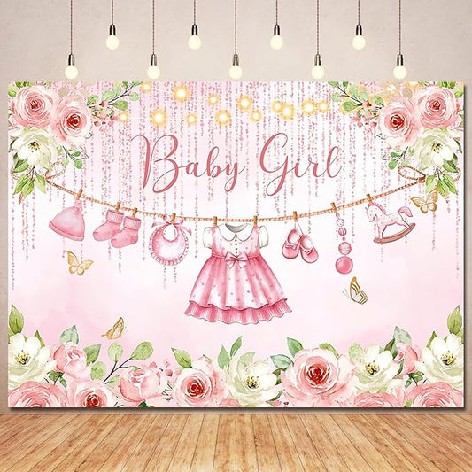 Pink Floral Baby Girl Baby Shower Backdrop Decorations,Cute Clothes Its a Girl Banner Back Drops Rose Gold Flower Photography Background for Baby Shower Party Supplies Photo Booth Props 8x6ft