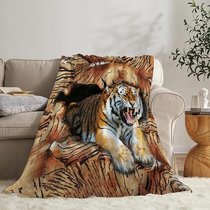 Tiger Throw Blanket, 50"x40", Multicolor, Animal Print, Microfiber Blend, Warm, All Seasons, Unisex Adult