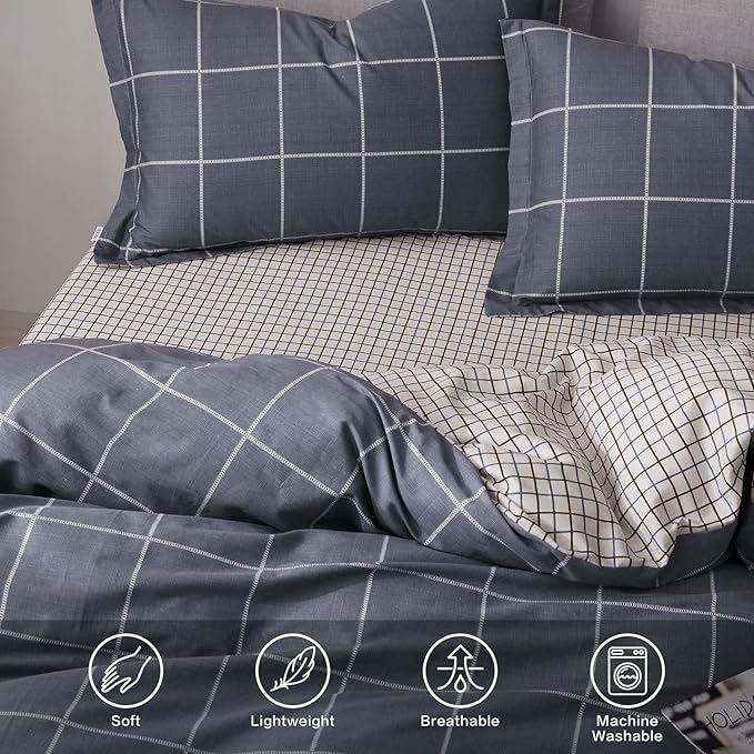 SAPHREAS Geometric Gray Plaid Duvet Cover Set Queen Size 3pcs Dark Grey Grid Cotton Bedding Comforter Cover Set 1 Duvet Cover 2 Pillow Shams