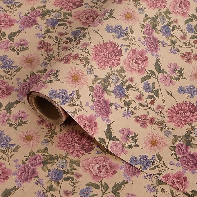 RayofSun Kraft Floral Wrapping Paper Roll 17 in x 16.5 ft Mini Roll Vintage Wildflower Pink Flower Gift Wrap Paper for All Occasion Wedding Birthday Bridal Shower Party Wrapping Supplies