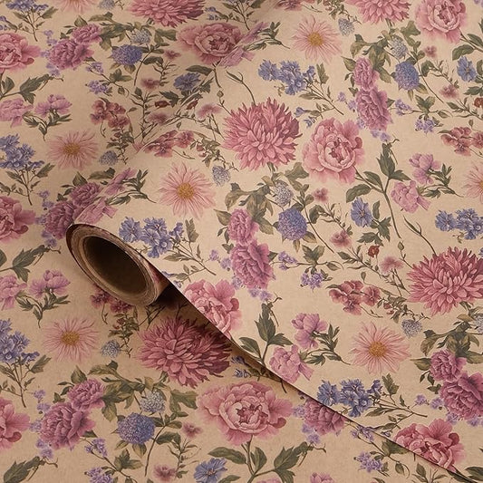 RayofSun Kraft Floral Wrapping Paper Roll 17 in x 16.5 ft Mini Roll Vintage Wildflower Pink Flower Gift Wrap Paper for All Occasion Wedding Birthday Bridal Shower Party Wrapping Supplies