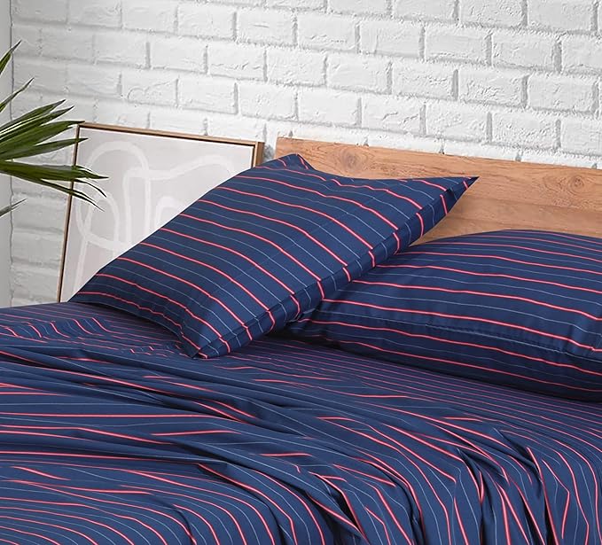 RUVANTI 100% Cotton Full Size Bed Sheets, 4 Pieces, Soft & Breathable Percale Weave Bedding, Deep Pocket 16", Hotel Standard, Crisp Cool Feel, Durable, Perfect Sheet Set Striped, Nautical