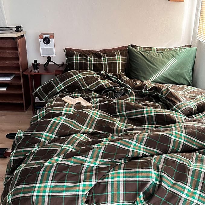 LifeTB Brown Green Plaid Comforter Set Twin XL, Modern Style 3 Pieces Grid Comforter with 2 Pillowcases, Vintage Plaid Checkered Comforter for All Seasons, Breathable Soft Fluffy Gingham Bedding Set