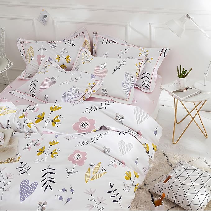HighBuy Girl Comforter Sets King White Pink Floral Bedding Comforter Set King 3 Piece Flower Comforters Fluffy with 2 Pillowcases,Cottagecore Botanical Bedding Comforter Sets