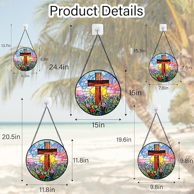 Christian Gifts for Women - Cross Stained Glass Window Hanging Jesus Easter Colorful Wildflowers Sun Catcher Garden Religion Decor Mother's Day Catholic Gift for Men Grandma Mom Her 15"
