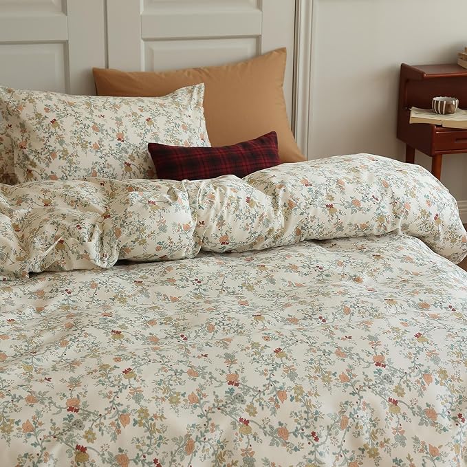 EAVD Vintage Style Botanical Floral Duvet Cover Full Soft Cotton Chic Floral Tree Branches Pattern Bedding Set with 2 Pillowcases Fresh Botanical Duuvet Covet with Zipper Closure