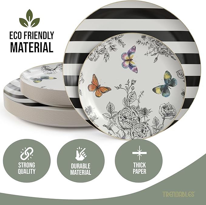Trendables Floral Paper Plates 8.5 Inch & 10.5 Inch 40 Pcs Dinner Plate Set Fancy Disposable Plates for Party for 20 Guests 20 X 8 & 20 X 10 Large & Small Paper Plate Set for Parties Monarch