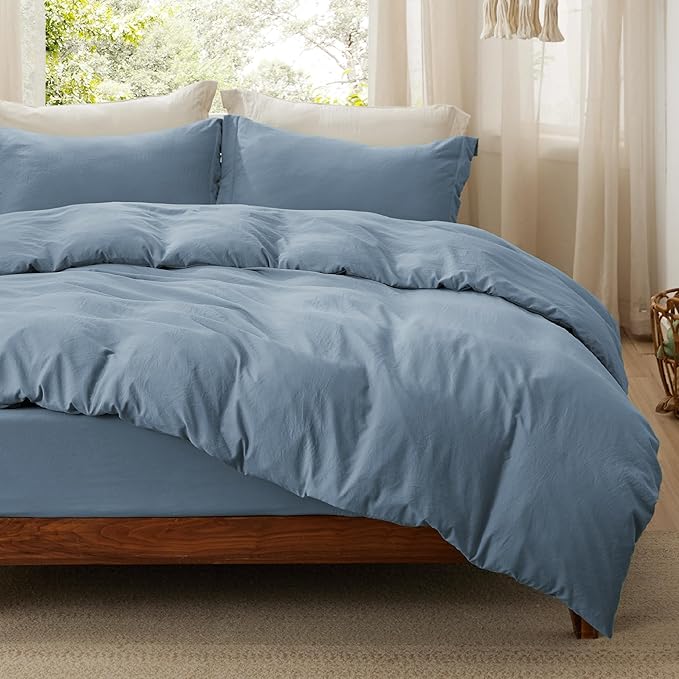 Bedsure Duvet Cover Queen Size with Fitted Sheet - 4 Pieces Prewashed Cotton-Like Extra Soft Bedding Set, Includes 1 Duvet Cover 90x90 Inches, 2 Pillow Shams, 1 Fitted Sheet, Mineral Blue