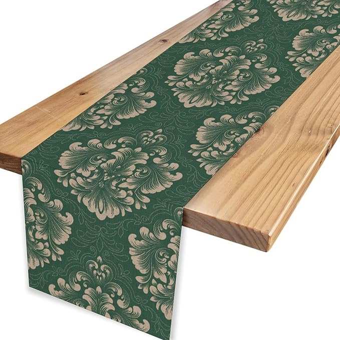 Vintage Damask Table Runner, Green Classical Luxury Old Fashioned Damask Royal Victorian Floral Print Table Center Decor for Family Kitchen Table Decorations Indoor Outdoor 13x36 inch