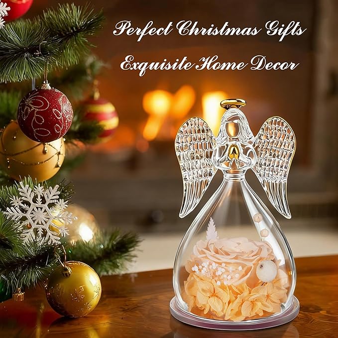 Sunia Preserved Flower Rose Gift for Women - Mother's Day Birthday Gifts for Mom Wife Grandma, Glass Angel Figurines Forever Real Roses Gifts for Her Valentine Day Thanksgiving﻿ (Sparkling Champagne)