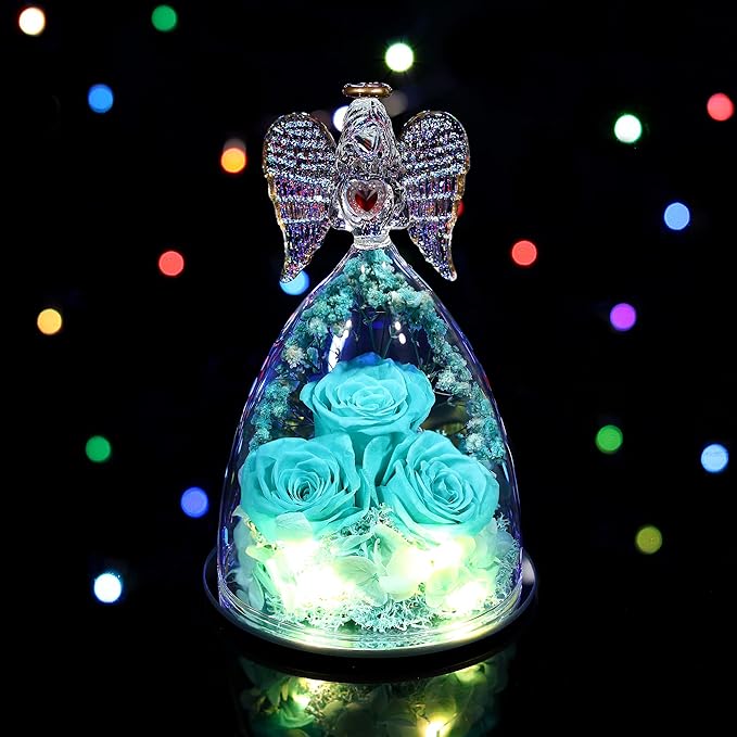 Mothers Day Rose Gifts for Women, Large Angel Figurines with Real Roses, Preserved Real Flower Rose for Her - Aqua Blue