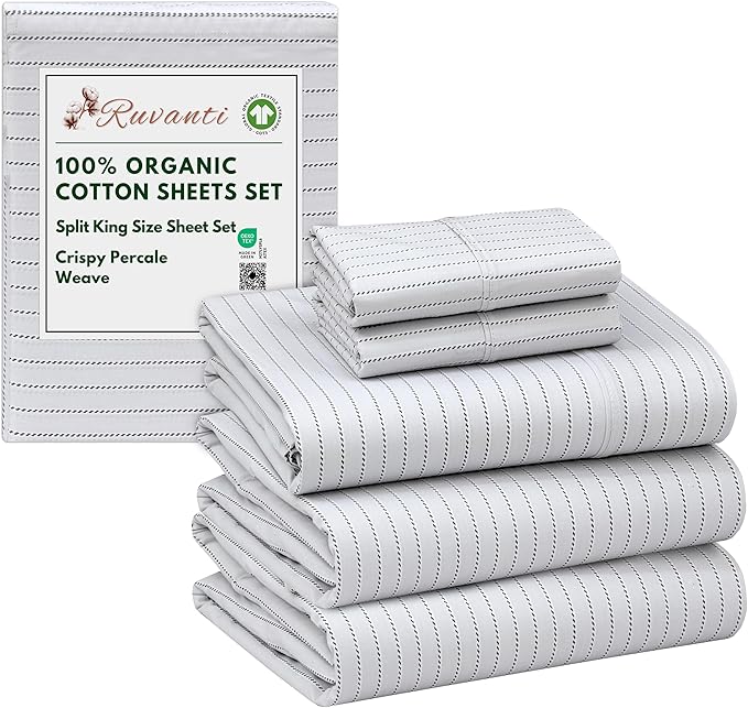 RUVANTI 100% Organic Cotton Sheets Split King, Percale Weave, GOTS Certified, 5-Piece Set, Deep Pocket 15", Crisp & Breathable, Soft Durable Bedding, Sábanas Algodón Orgánico – Construction Line