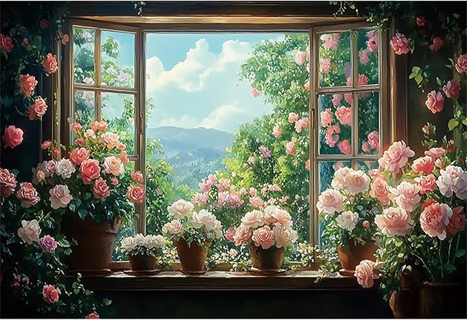 Baocicco 8x6.5ft Flowers Windowsill Photography Background Spring Floral Retro Oil Painting Photo Backdrop for Valentines Mothers Day Birthday Wedding Party Decorations Girls Women Portraits