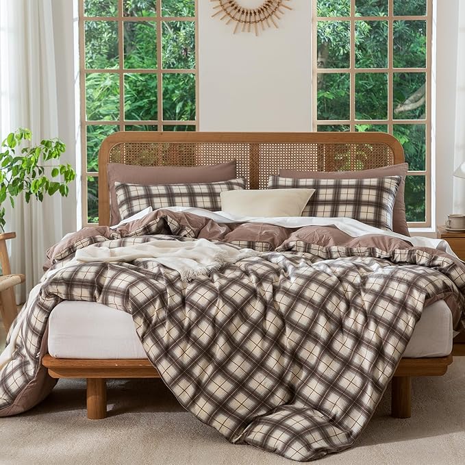 Comforter Set King Plaid 3 Pieces Soft Crinkle Gauze Fabric Plaid Bedding, Vintage Style Checkered Gingham Comforter Set for All Seasons Luxury Warmth Comfy Breathable with 2 Pillowcases
