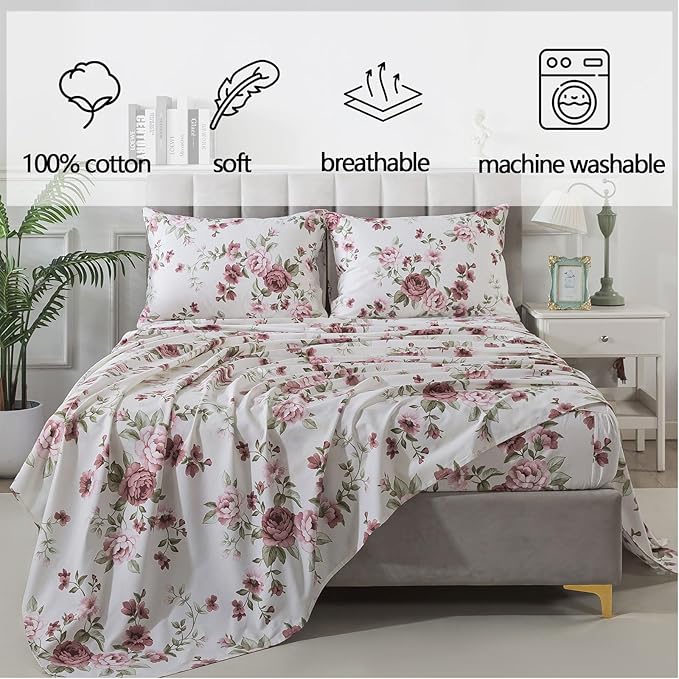 FADFAY Beige Vintage Floral Queen Size Sheets Set Premium 100% Cotton Shabby Brick Red Rose Pattern Bedding Set Deep Pocket Sheets with 2 Pillowcases Luxury Breathable Soft 4Pcs, Queen Size