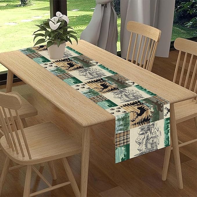Rustic Cabin Table Runner, Farmhouse Deer Bear Retro Pine Forest Wooden Plank Wild Animal Seasonal Coffee Table Center Decor for Home Kitchen Dining Holiday Party Table Decorations 13x108 inches