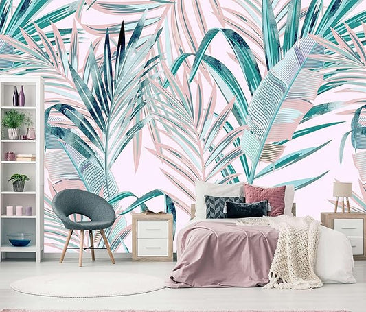 WFBHUA-Pink and Green Palm Leaf Wallpaper Large Self Adhesive Mural for Girls' Rooms 82"x57"