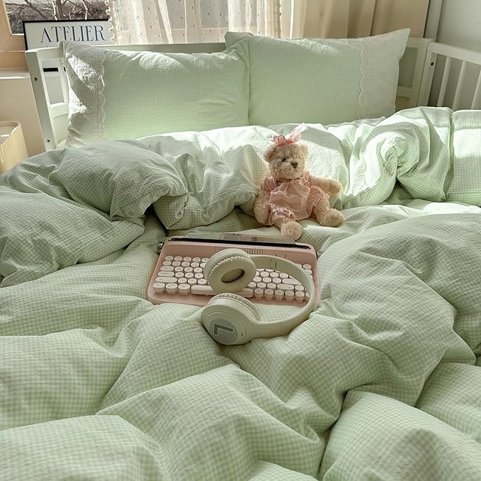 LifeTB Green Gingham Comforter Set Twin XL Romantic Lace Design Vintage Plaid Checkered Pattern Comforter with 2 Pillowcases Green Plaid Grid Bedding Comforter Set Fluffy Soft Gingham Bedding Set
