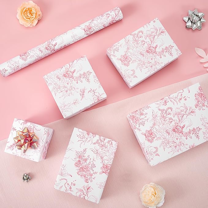 WERNNSAI Pink Flower Gift Wrapping Paper Roll - 1 Roll 17”x 33 ft Pink Vintage Floral Wrapping Paper Bridal Shower Wedding Wrap Supply Baby Shower Wrapping Paper for Girls Birthday