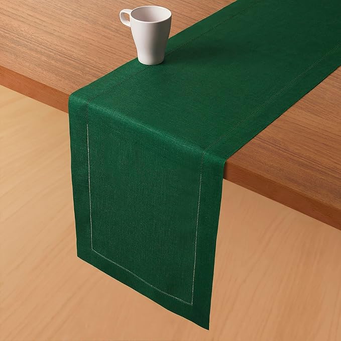 D'Moksha Homes Linen Forest Green Table Runner 132 Inches Long - 100% Pure Linen Extra Long Table Runner 14 x 132 Inch for St Patricks Day, Easter - Classic Hemstitch