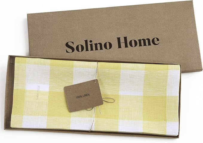Solino Home Linen Checkered Table Runner 60 Inches - 100% Pure Linen Yellow and White Buffalo Check Table Runner 14 x 60 Inch Ideal for Dresser and Coffee Tables, Spring, Easter