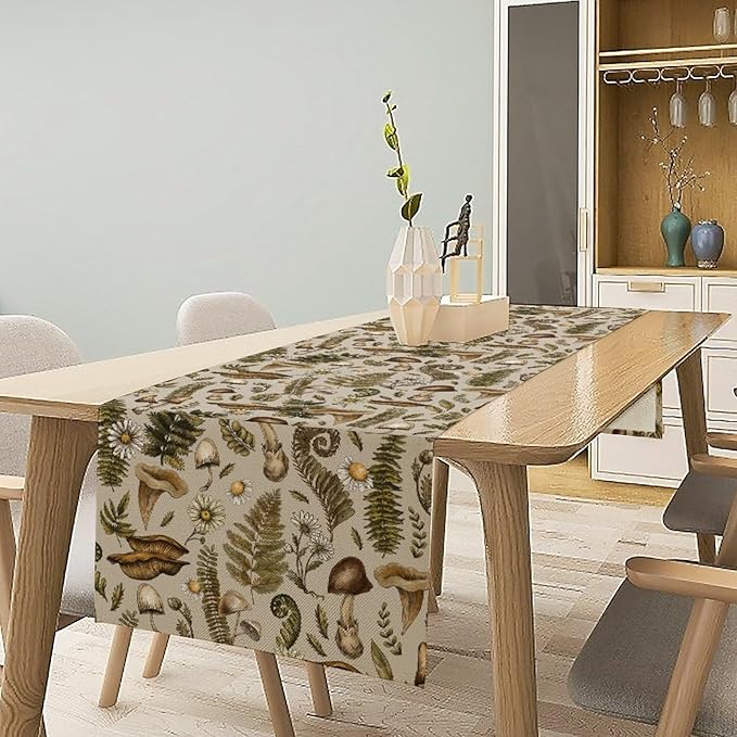 Vintage Woodland Mushroom Table Runner, Rustic Forest Green Plants Wild Mushroom Ferns Daisy Print Kitchen Dining Table Runners for Indoor Outdoor Home Party Holiday Decor, 13x60inch
