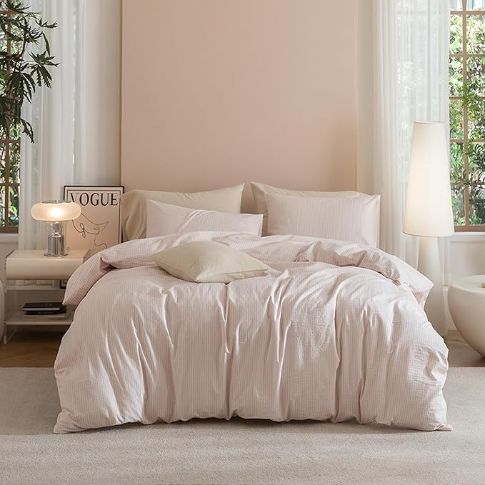 JIYUAN 100% Washed Cotton Striped Duvet Cover Set 3 Pieces King, 1 Duvet Cover and 2 Pillowcases(Comforter Not Included),Linen Like Comfy and Breathable,Pinstripes-Heathered Greyish Pink White