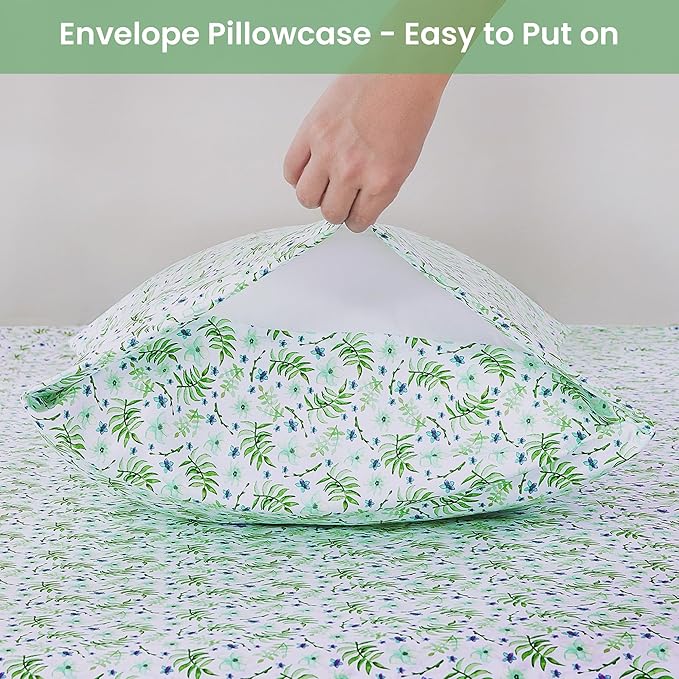 Softan Green Floral Queen Sheet Set, Cozy Botanical Microfiber Printed Fitted Bed Sheet with 15" Deep Pockets & Non-Slip Straps, Fresh Greenery Blooms Patterned Sheets & Pillowcase Set