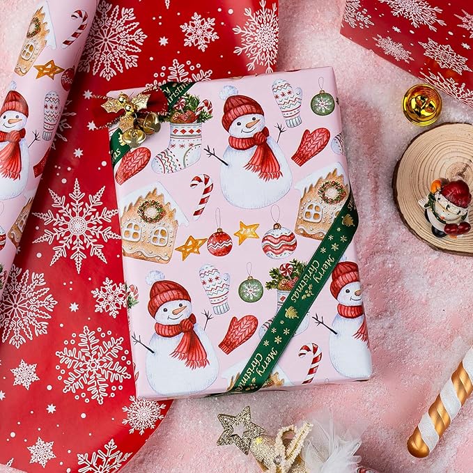 MAYPLUSS Christmas Wrapping Paper Roll - 17 Inch X 33 Feet - Cute Snowman Christmas Hat Gloves Reversible Snowflake Gift Wrapping Paper, Thick Wrap Paper for Holiday Party New Year Kids