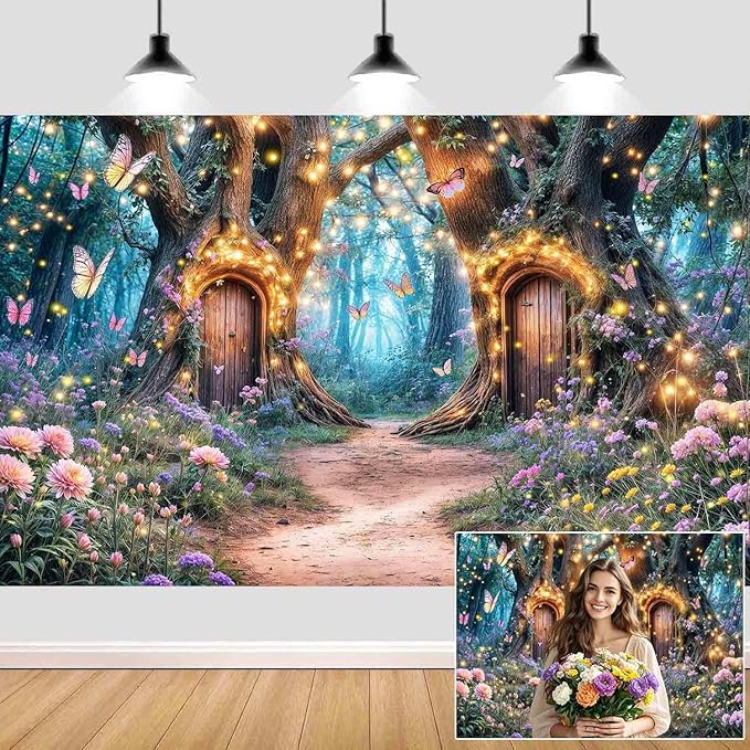 15X10ft Enchanted Forest Backdrop Fairy Enchanted Wonderland Garden Floral Butterfly Photography Background for Kids Girls Baby Shower Birthday Party Decoration Banner Cake Table Photo Booth Props