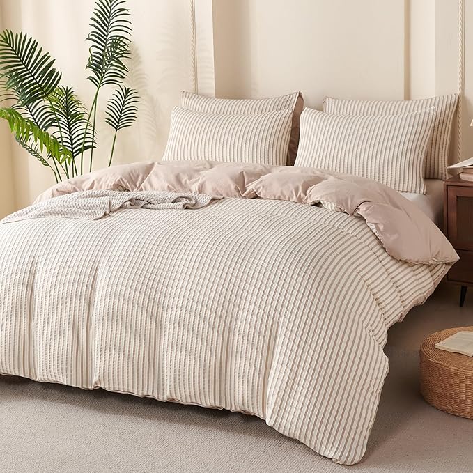 Striped Duvet Cover Queen Beige Washed Microfiber Jacquard 3 Pieces Bedding Set, White Beige Vertical Ticking Stripes Pattern Comforter Cover with Zipper Closure Breathable Durable Soft Comfy