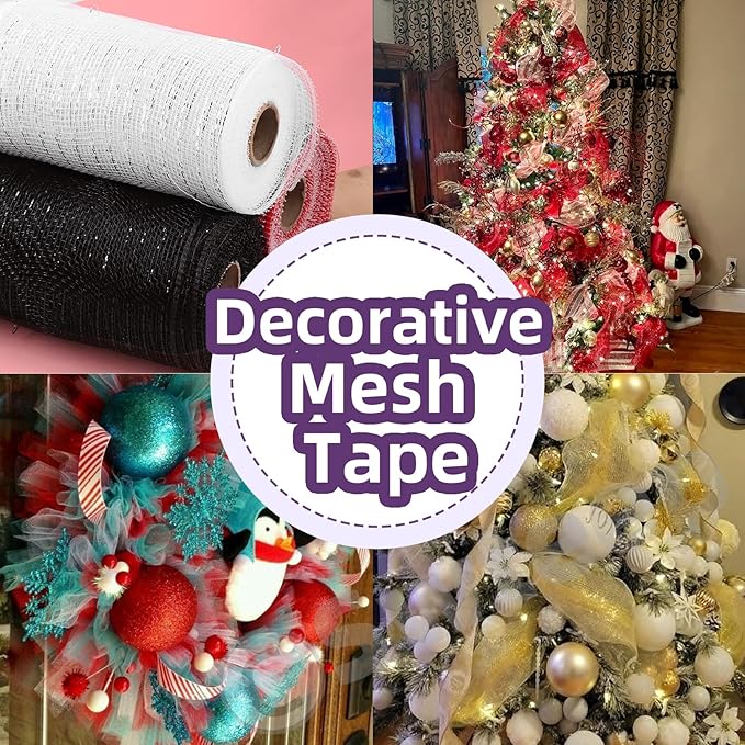 Swpeet 3 Rolls 6 Inches Mesh Ribbon Glitter Metallic Wrapping Ribbon Kit, Glitter Tulle Fabric Spool Ribbon Metallic Foil Mesh Ribbon for DIY Project Wreaths Party Decorations Wrapping Craft