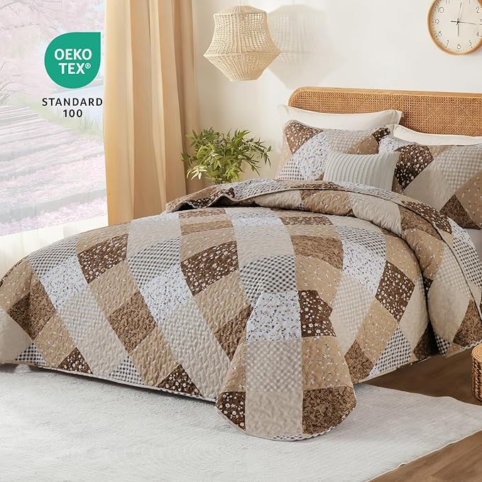 Dinjoy Brown Quilt Set Queen Size, Reversible Floral Plaid Patchwork Pattern Bedding Set Soft Microfiber Lightweight Bedspread Coverlet 3 Piece Spring Summer Use (90x96 inches)