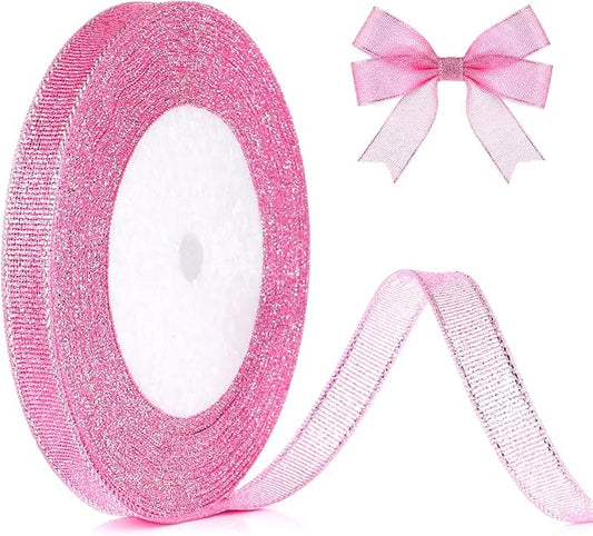 Pink and Silver Glitter Ribbon, 3/8 Inch x 24 Yards Long Sparkly Metallic Fabric Ribbons for Christmas Decorations, Gift Wrapping, Floral Bouquets Birthday, Wedding Party and DIY Crafts
