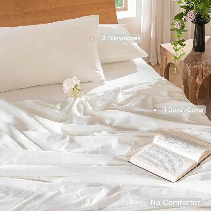 MooMee Bedding Duvet Cover Set 100% Washed Cotton Linen Like Textured Breathable Durable Soft Comfy (Solid Off White, Alaska King 132"x120")