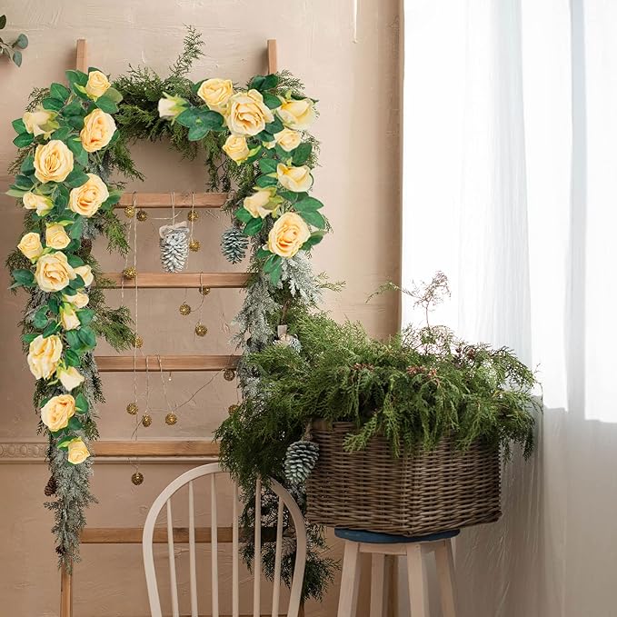 TELDRASSIL 4Pcs(26 FT) Artificial Rose Vine Fake Flower Garland Fake Silk Rose Hanging Vine for Wedding Party Background Arch Garden Background Decoration (Champagne)