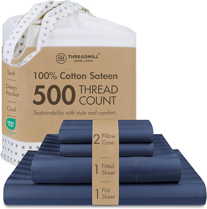 Threadmill 500 Thread Count King Size Damask Stripe, 4 Pc Luxury Cotton Bed Sheet Set, Breathable Folkstone Blue Sheets with 16" Elasticized Deep Pocket, 2 Pillowcases & Free Tote Bag