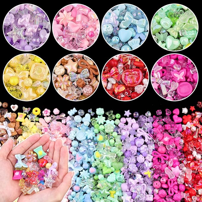 Assorted Acrylic Beads, 500-550PCS 8 Colors Series Cute Beads for Bracelet Making, GummyBear Bow Candy Kawaii Charms for Jewelry Making DIY Necklace Keychain Phone Charm Christmas Gift