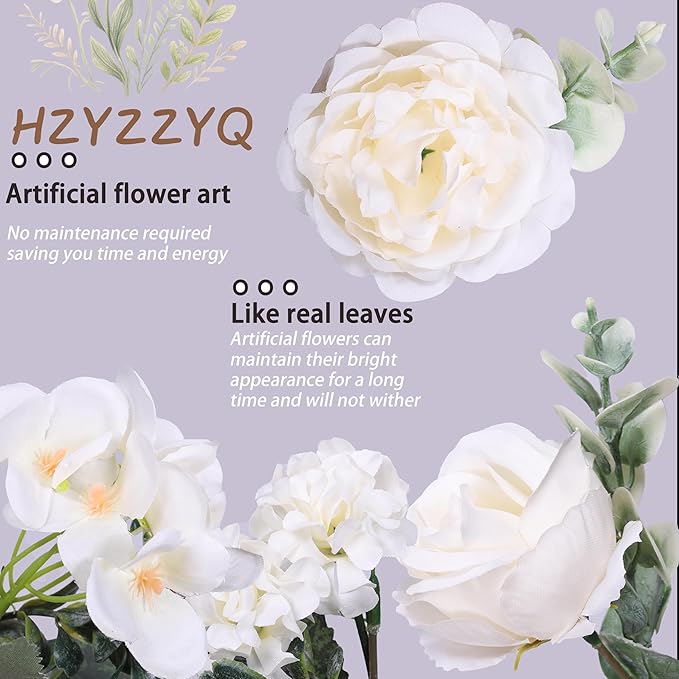 8 Pack Artificial Peony Flowers, Silk Peonies Flowers Fake Peonies Artificial Flowers Peonies Hydrangea Bouquet for Centerpiece Table Wedding Party Home Decor (8, White)