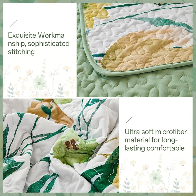 Anibedding Green Quilt Set King Size, Floral Bedspread with 2 Pillowcases, Soft Microfiber Lightweight Coverlet Bedding Set for All Season(104"x90")