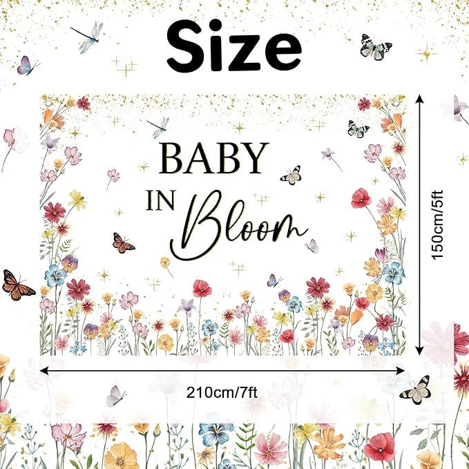 Avezano Wildflower Baby in Bloom Backdrop Banner Wildflower Baby Shower Party Decorations for Girls Gold Glitter Butterfly Spring Floral Newborn Party Supplies (7x5ft)