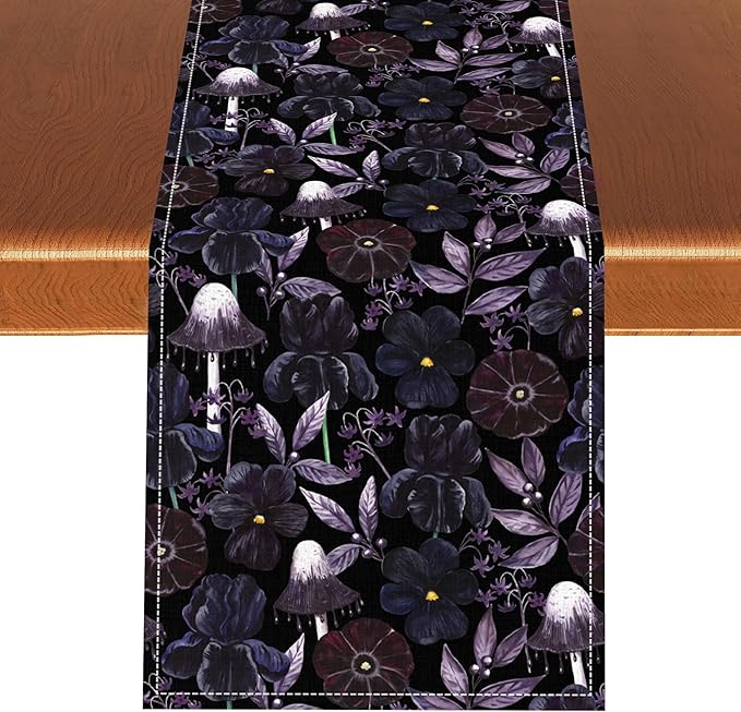 Gothic Floral Table Runner, Dark Purple Vintage Garden Flower Witchy Mushroom Farmhouse Coffee Table Center Decor for Home Kitchen Dining Patio Holiday Party Table Decorations 13x108 inches