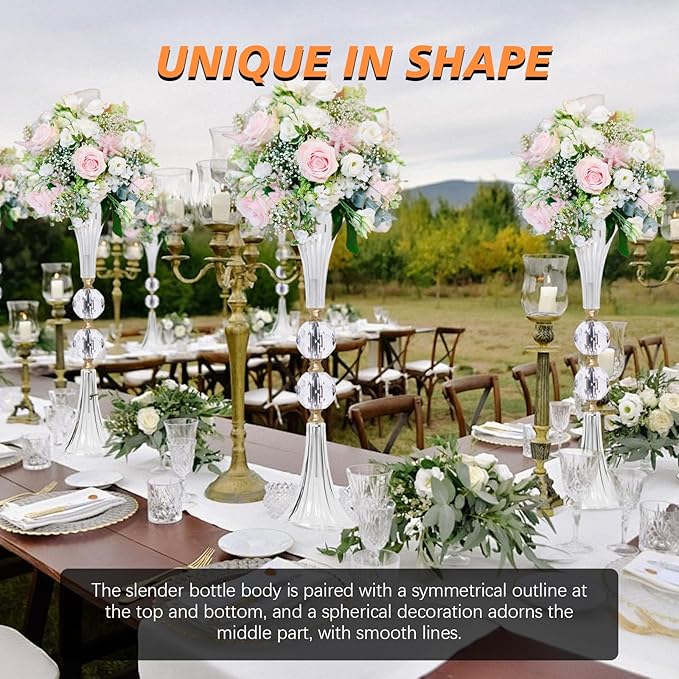 VIJIV Crystal Acrylic Trumpet Vase for Wedding Centerpieces & Home Decor - 21.7" Clear Flower Stand with Ribbed Texture, Gold Accents, Table/Floor Vase for Events, Bridal Showers & Boho Weddings