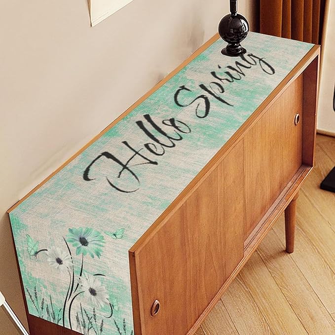 Daisy Floral Table Runner, Rustic Sunflower Wild Flowers Wooden Spring Teal Decor for Family Kitchen Farmhouse Holiday Party Table Decorations Indoor Outdoor 13x36 inch