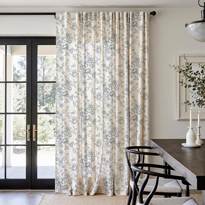 jinchan Linen Floral Curtains 100 Inch Extra Wide for Patio Sliding Glass Door Room Divider Curtain for Living Room 96 Inch Length Farmhouse Peony Blue Printed Curtain Set 1 Panel