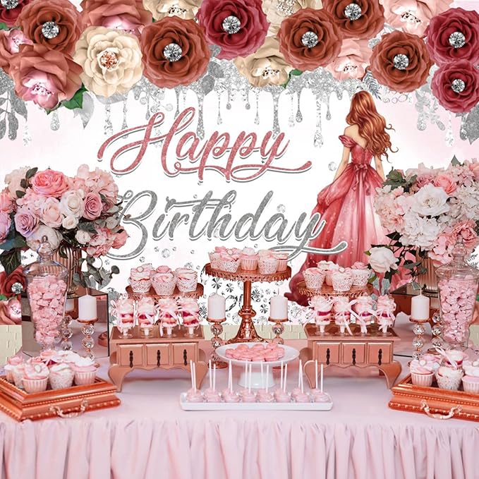 AOFOTO Happy Birthday Backdrop Red Beige Pink Rose Floral Diamond Print Photography Background for Women Girls Birthday Party Banner Home Wall Decor Photo Studio Booth Props 8x6ft