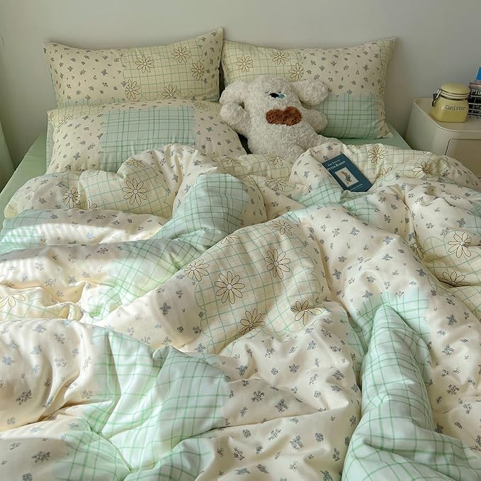 LifeTB Muslin Cotton Duvet Cover Set Full Size Vintage Style Floral Duvet Cover Soft Breathable Comforter Cover Farmhouse Flower Plaid Bedding Set Linen Feel Gauze Comforter Cover with Zipper Closure