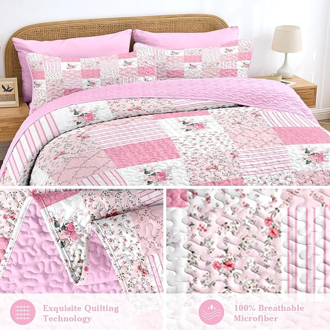 Quilt Set Full/Queen Size, Pink Patchwork Flowers 3 Pcs Soft Bed Cover Bedding Set, Garden Floral Lightweight Bedspread Coverlet with 2 Pillow Sham for All Season