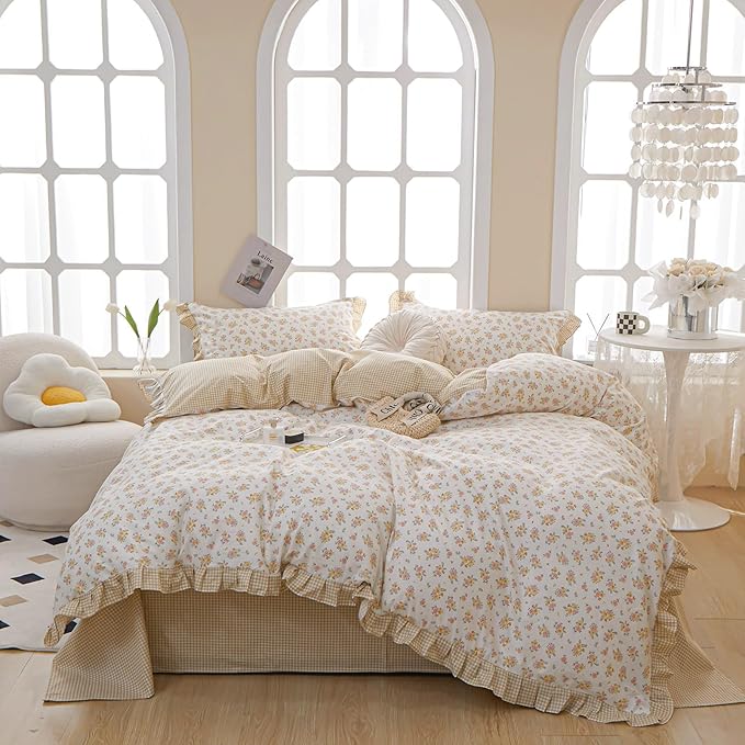 Ruffle Floral Comforter Set King 3 Pieces Vintage Flowers Pattern Romantic Ruffled Comforter with 2 Pillowcases Fluffy Soft Cottagecore Bedding Set Farmhouse Flowers Botanical Comforter Set King