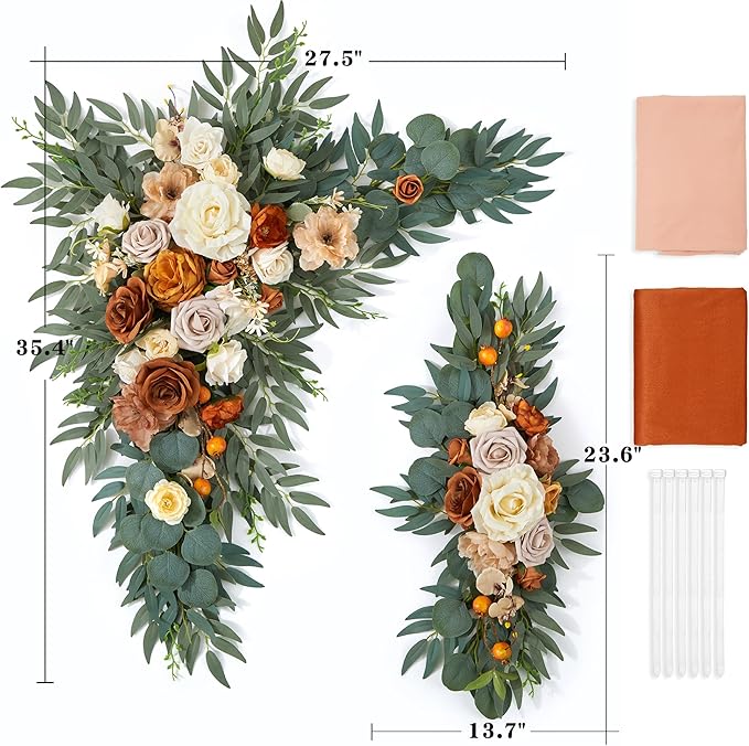 Wedding Arch Flowers with Drapes Kit (Pack of 4) - 2pcs Artificial Terracotta Deluxe Swag with 2pcs Sheer Drapes for Wedding Ceremony Backdrop Rose Floral Decoration Arbor Reception